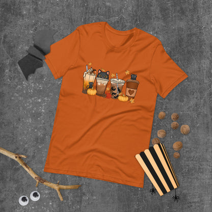 Halloween Black Cat Shirt, Fall Coffee Cat Shirt, Black Cat T-Shirt, Cute Spooky Pumpkin Halloween Shirt for Cat Lovers